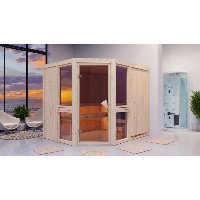 Elementsauna 'Ana 3' naturbelassen mit bronzierter Tür 9 kW Ofen 231 x 196 x 198 cm