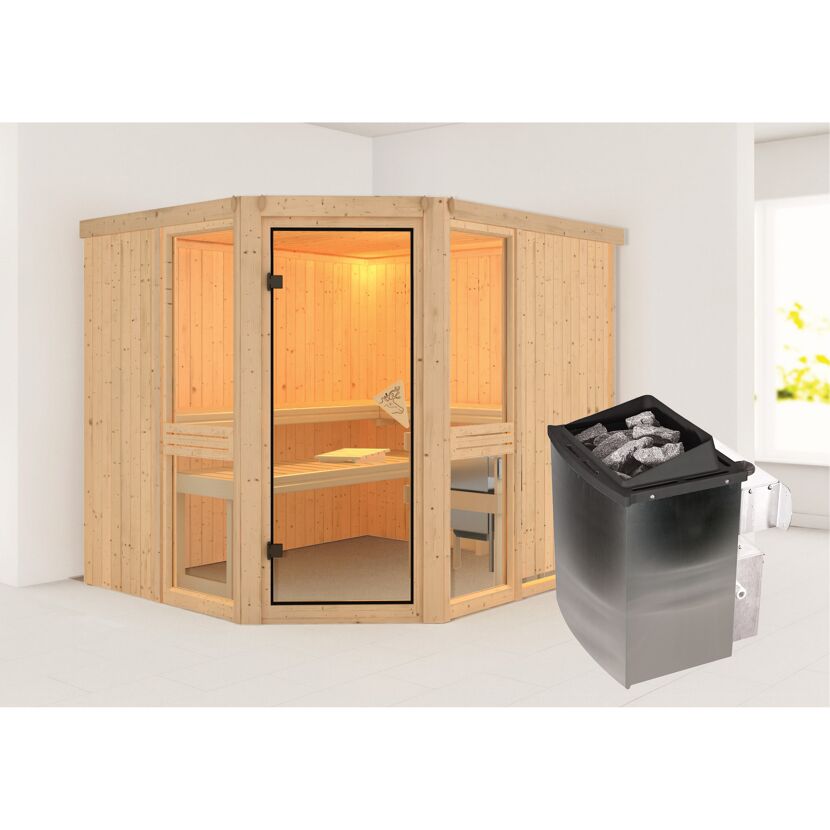 Elementsauna 'Ana 3' naturbelassen mit bronzierter Tür 9 kW Ofen 231 x 196 x 198 cm