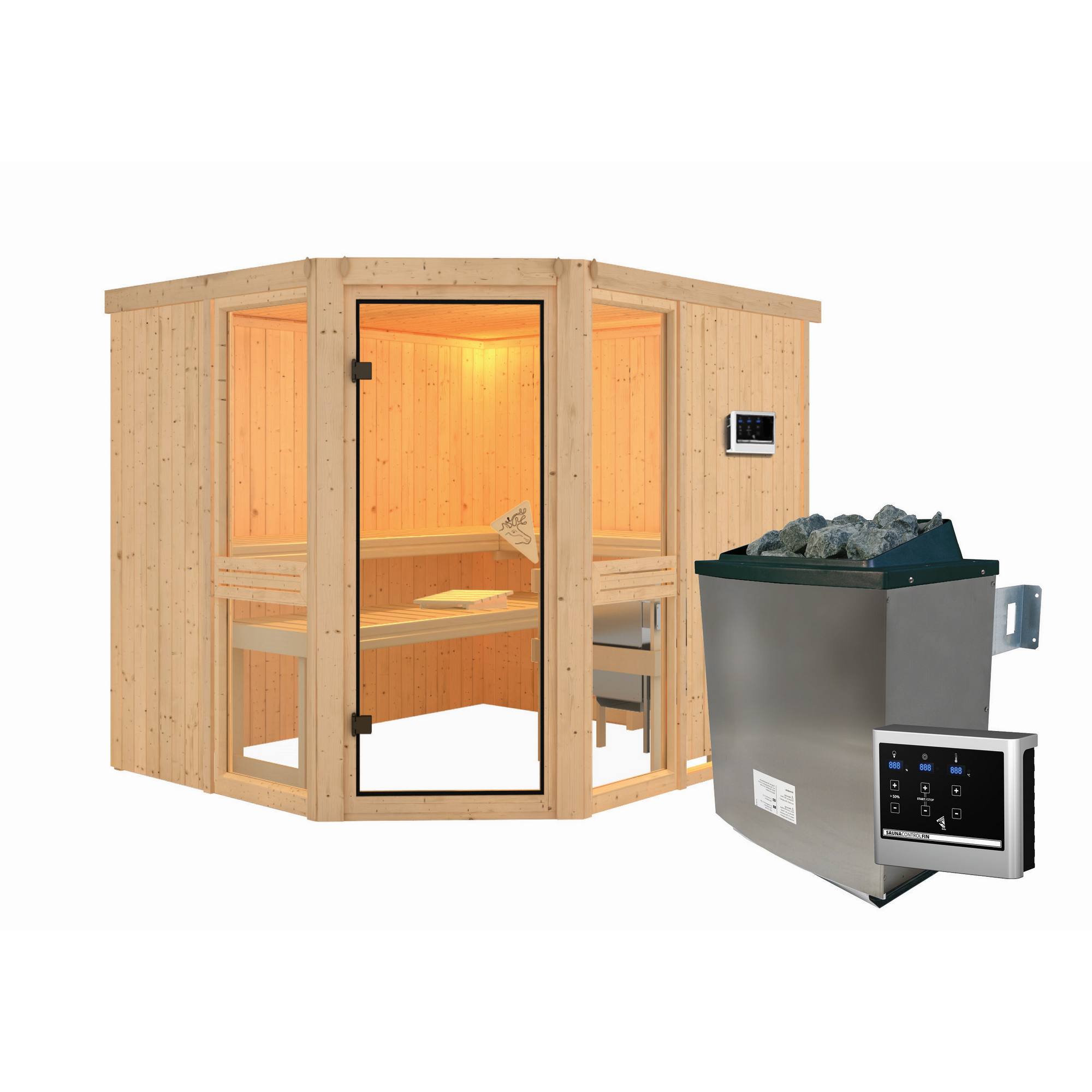 Elementsauna 'Ana 3' naturbelassen mit bronzierter Tür 9 kW Ofen externe Steuerung Easy 231 x 196 x 198 cm