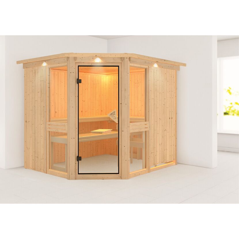 Ecksauna aus hellem Holz mit Glastür