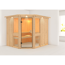 Ecksauna aus hellem Holz mit Glastür