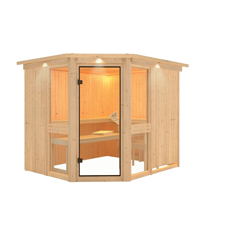 Eck-Sauna aus hellem Holz mit Glastür und Beleuchtung