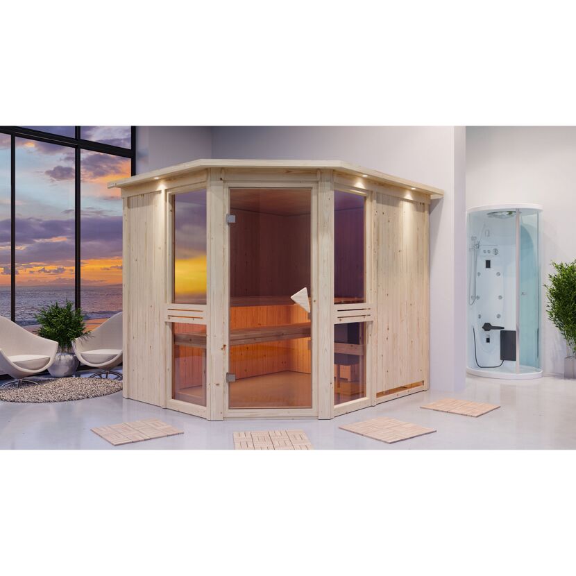 Elementsauna 'Ana 3' naturbelassen mit Kranz und bronzierter Tür 9 kW Ofen integrierte Steuerung 245 x 210 x 202 cm