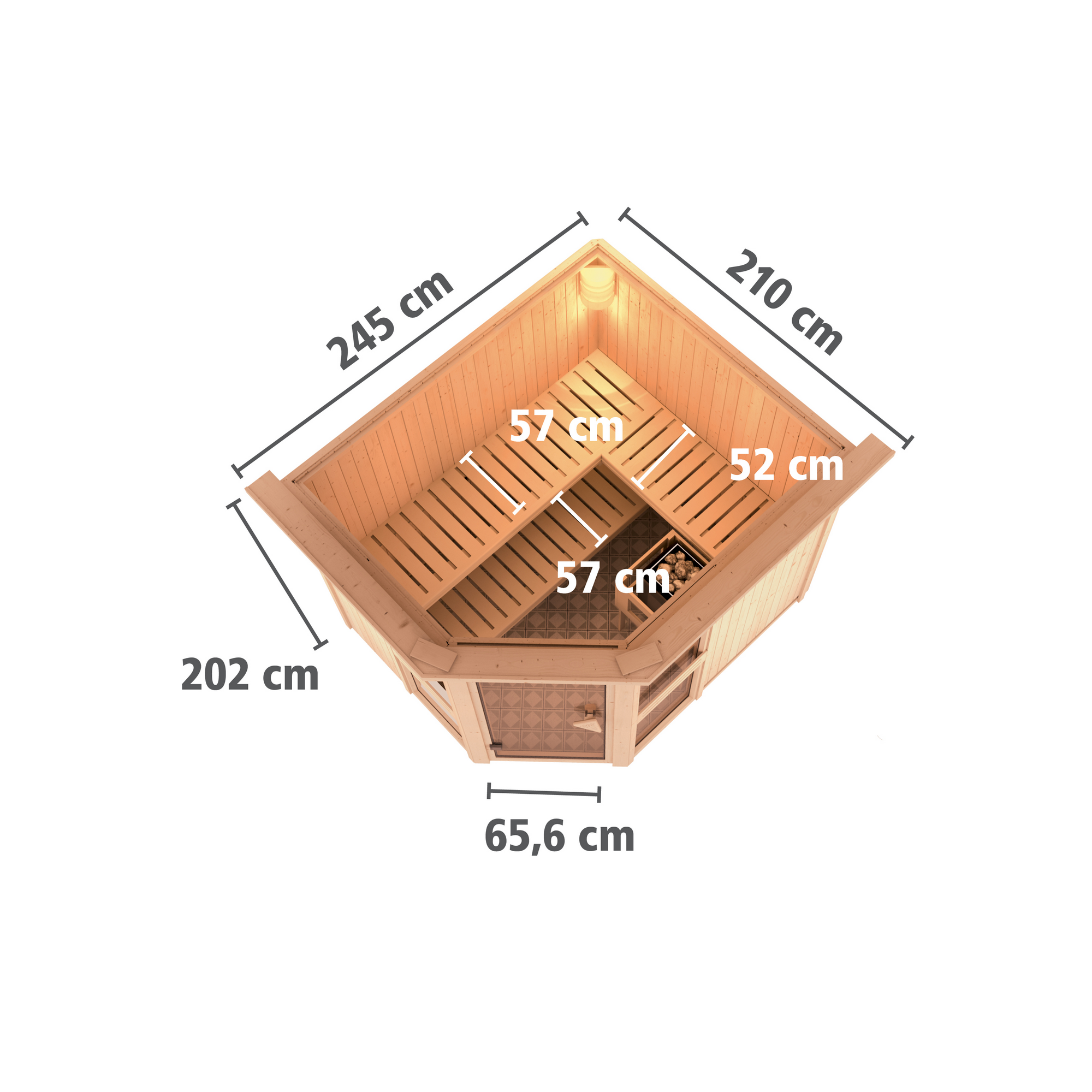 Elementsauna 'Ana 3' naturbelassen mit Kranz und bronzierter Tür 9 kW Ofen integrierte Steuerung 245 x 210 x 202 cm