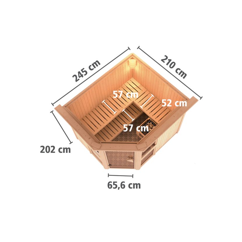 Elementsauna 'Ana 3' naturbelassen mit Kranz und bronzierter Tür 9 kW Ofen integrierte Steuerung 245 x 210 x 202 cm