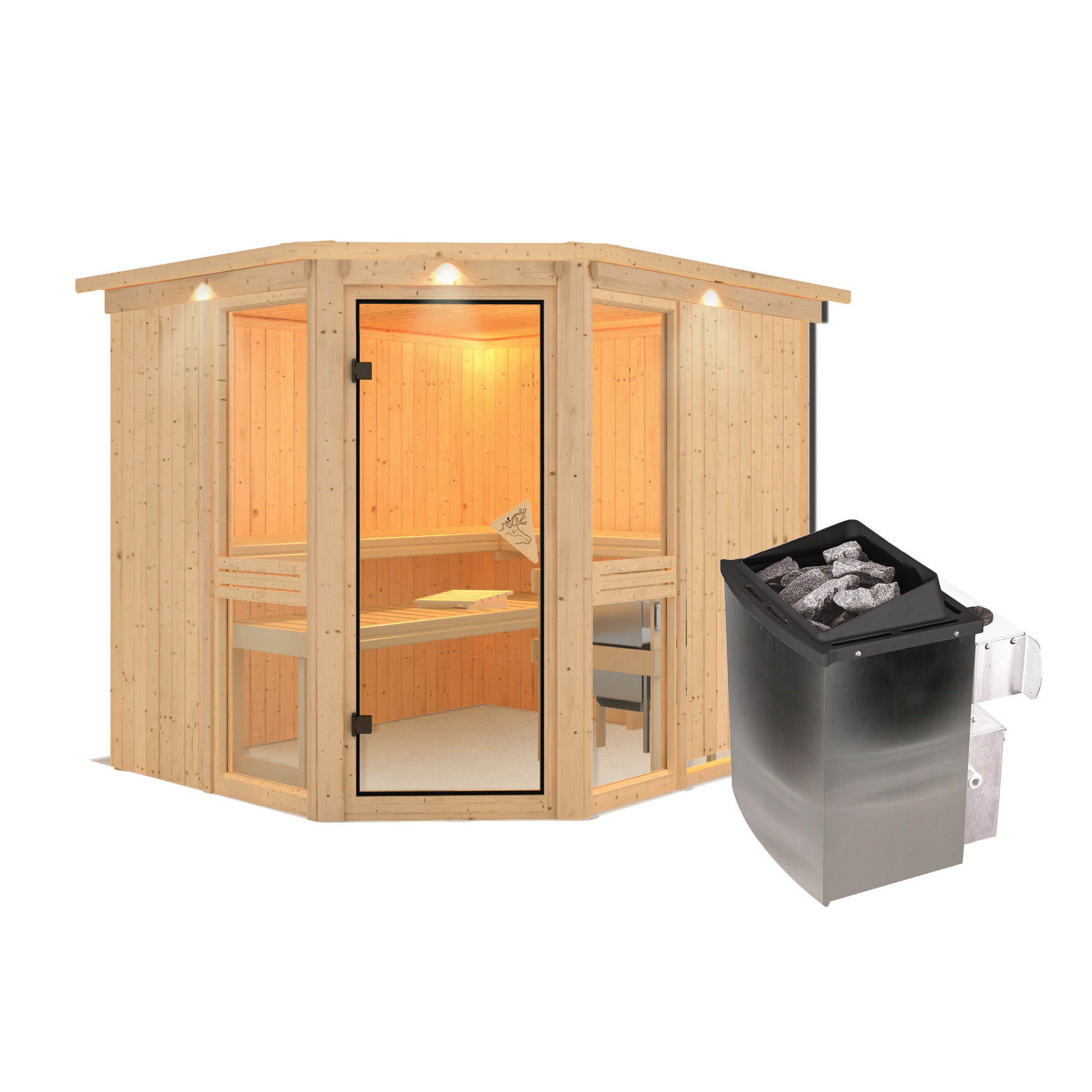 Elementsauna 'Ana 3' naturbelassen mit Kranz und bronzierter Tür 9 kW Ofen integrierte Steuerung 245 x 210 x 202 cm