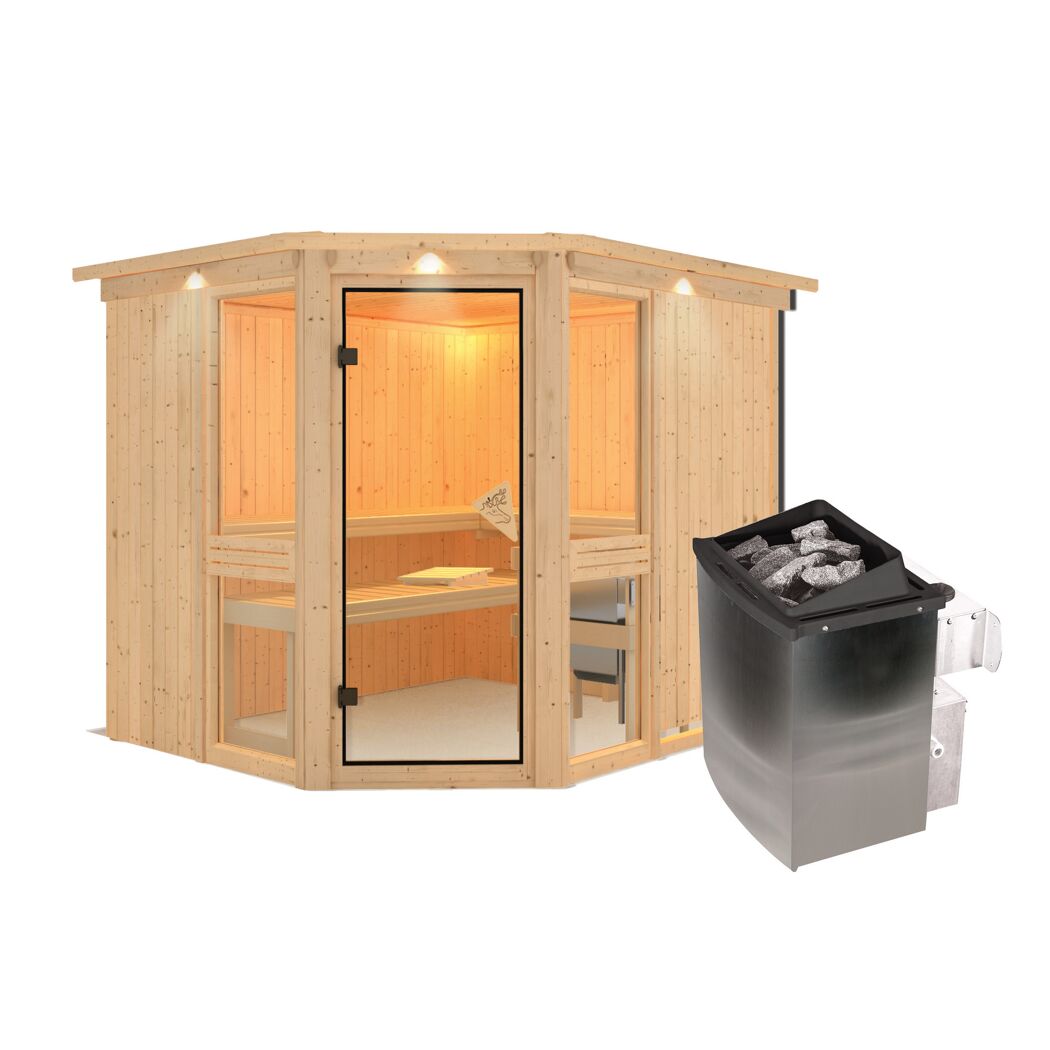 Elementsauna 'Ana 3' naturbelassen mit Kranz und bronzierter Tür 9 kW Ofen integrierte Steuerung 245 x 210 x 202 cm