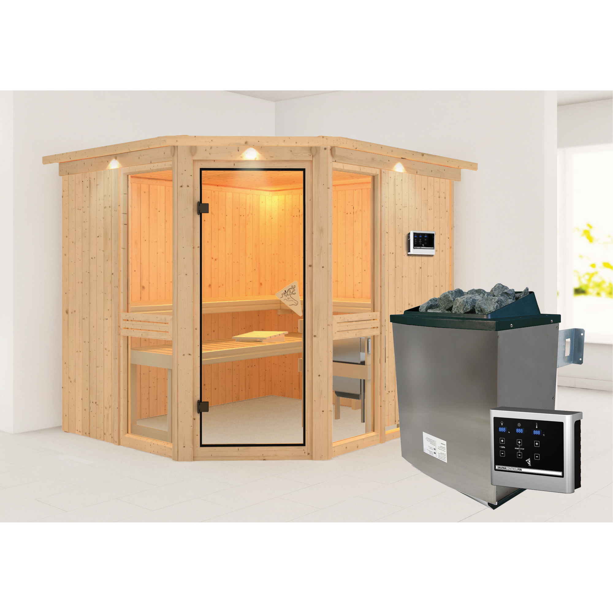Elementsauna 'Ana 3' naturbelassen mit Kranz und bronzierter Tür 9 kW Ofen Edelstahl externe Steuerung Easy 245 x 210 x 202 cm + product picture