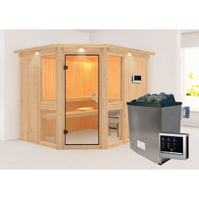 Ecksauna aus hellem Holz mit Saunaofen