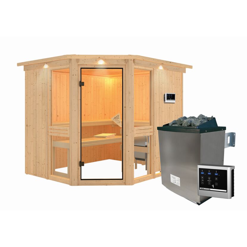 Eck-Sauna aus hellem Holz mit Saunaofen