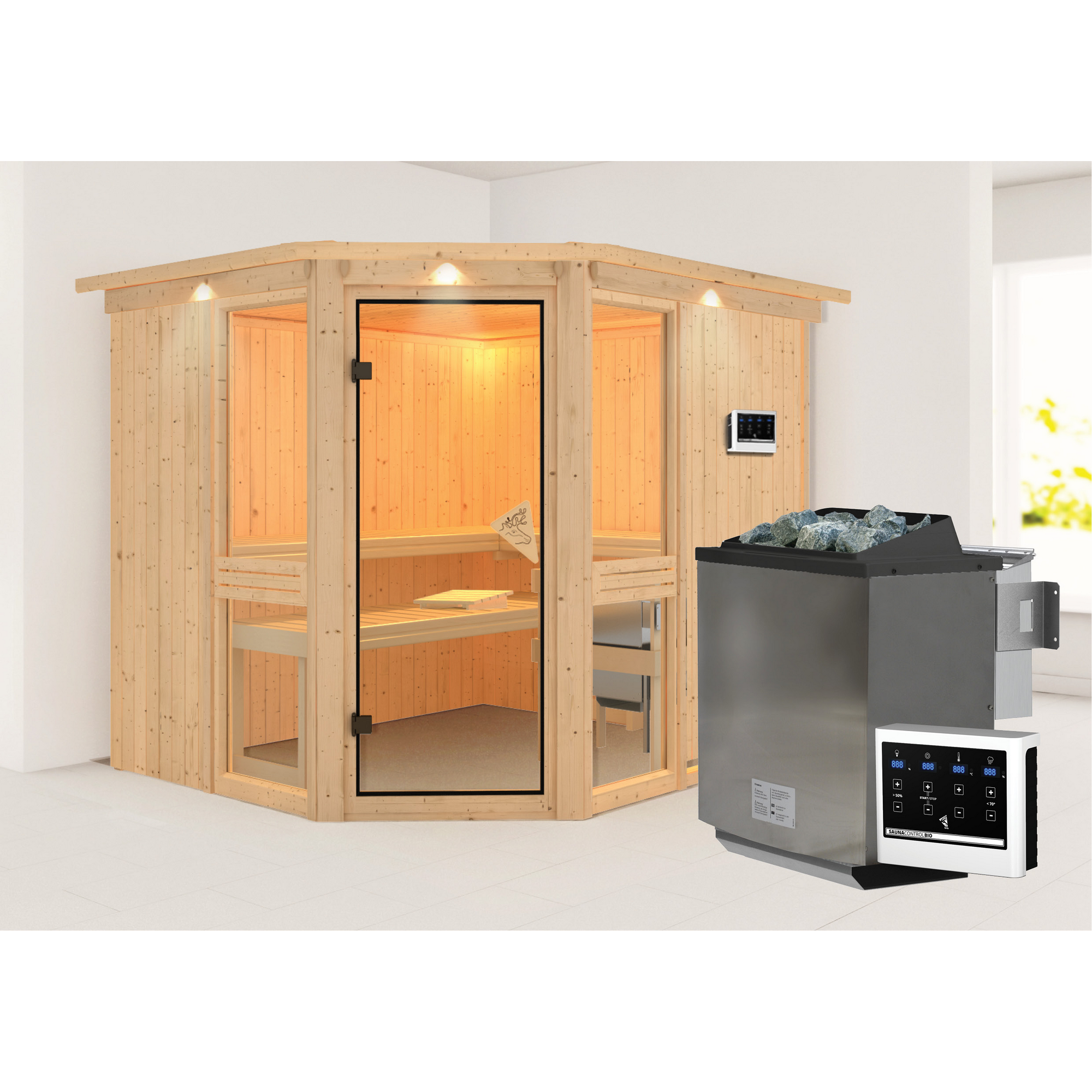 Elementsauna 'Ana 3' naturbelassen mit Kranz und bronzierter Tür 9 kW Bio-Ofen externe Steuerung Easy 245 x 210 x 202 cm + product picture