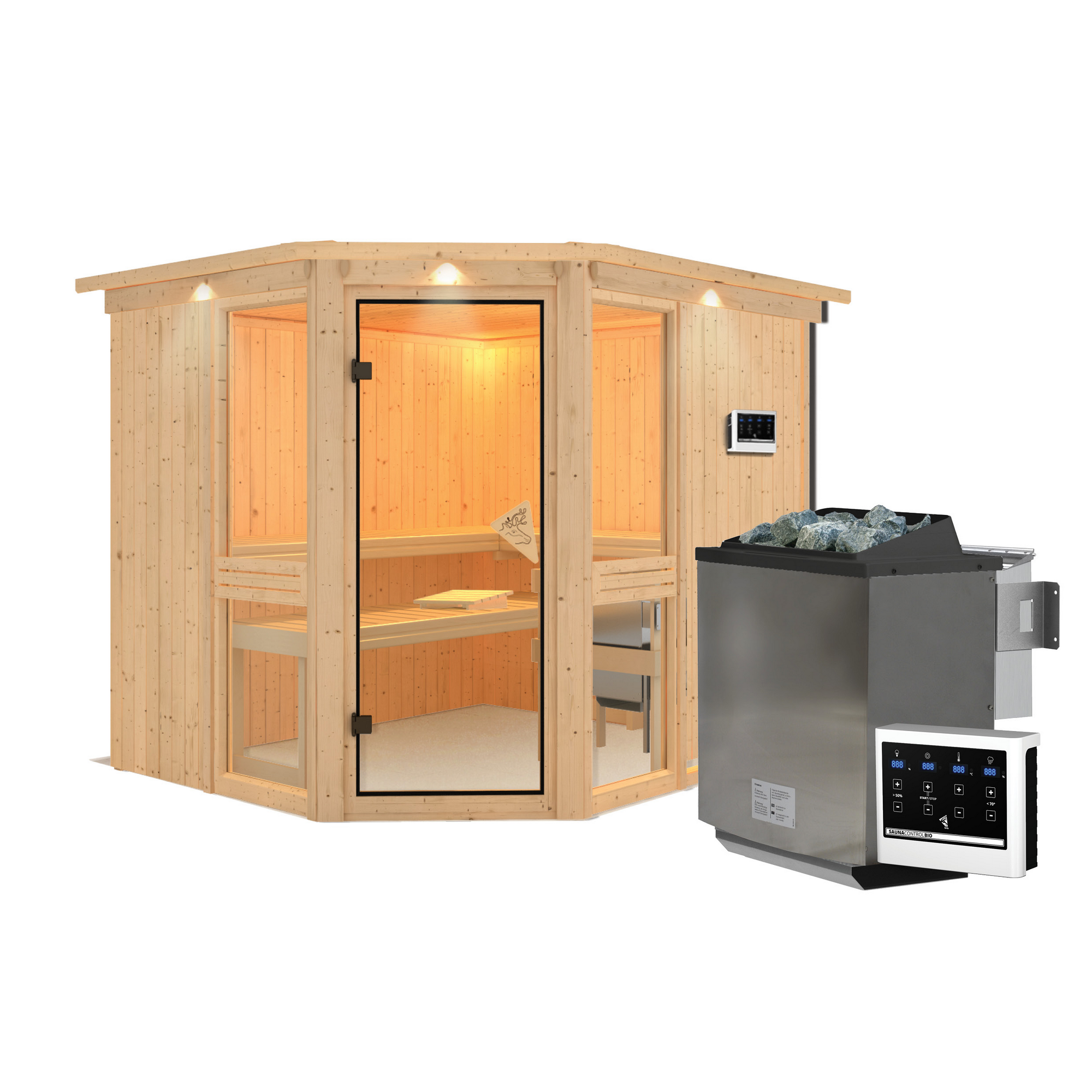 Elementsauna 'Ana 3' naturbelassen mit Kranz und bronzierter Tür 9 kW Bio-Ofen externe Steuerung Easy 245 x 210 x 202 cm + product picture