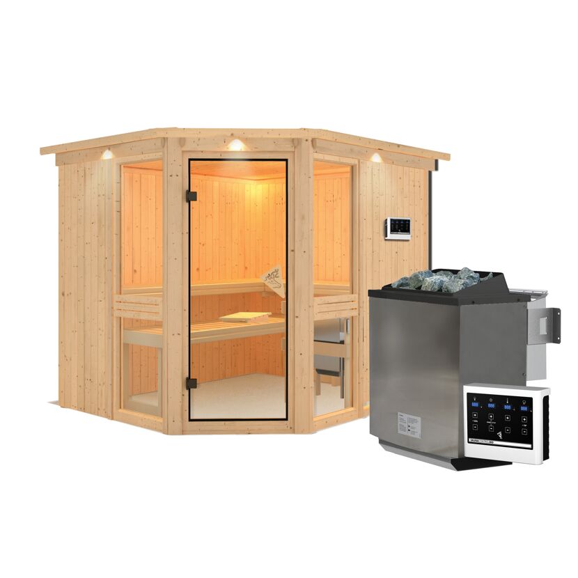 Elementsauna 'Ana 3' naturbelassen mit Kranz und bronzierter Tür 9 kW Bio-Ofen externe Steuerung Easy 245 x 210 x 202 cm