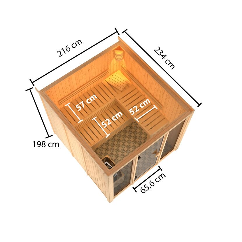 Elementsauna 'Arabella' naturbelassen mit bronzierter Tür und Glasfront 216 x 234 x 198 cm