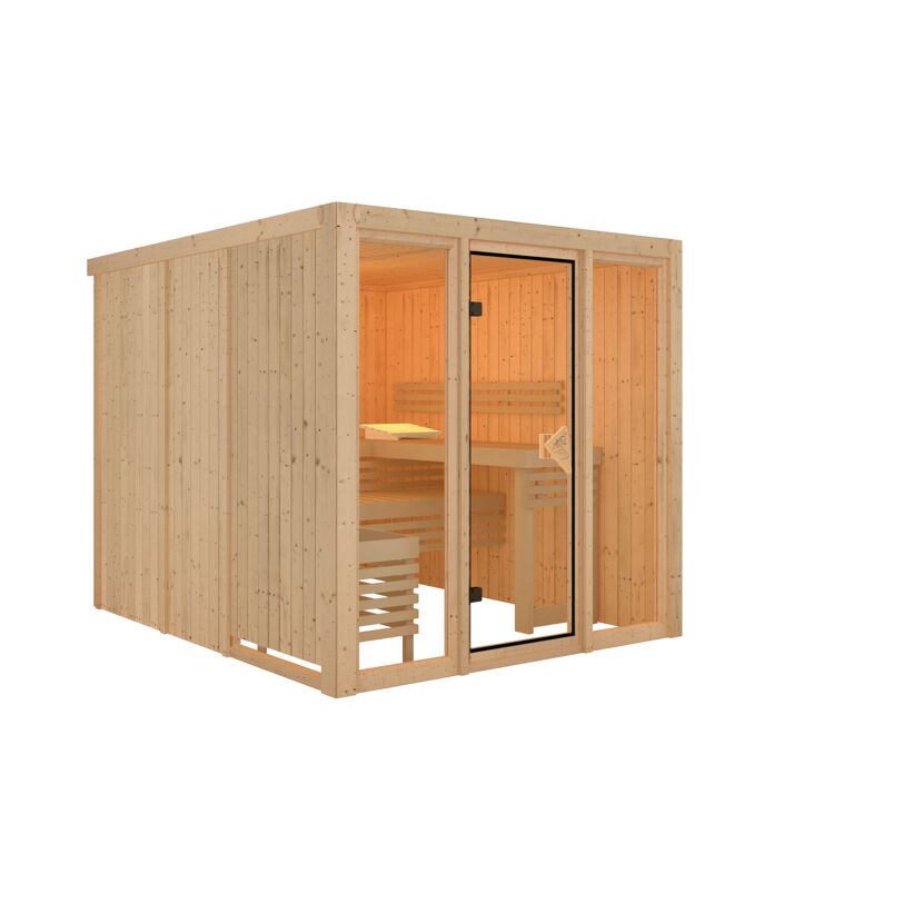 Elementsauna 'Arabella' naturbelassen mit bronzierter Tür und Glasfront 216 x 234 x 198 cm