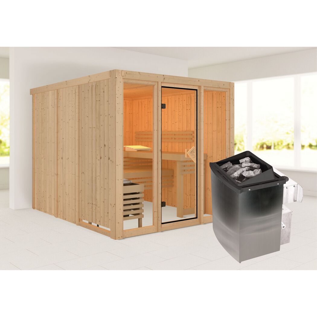 Elementsauna 'Arabella' naturbelassen mit bronzierter Tür und Glasfront 9 kW Ofen integrierte Steuerung 216 x 234 x 198 cm
