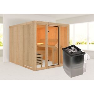 Elementsauna 'Arabella' naturbelassen mit bronzierter Tür und Glasfront 9 kW Ofen integrierte Steuerung 216 x 234 x 198 cm