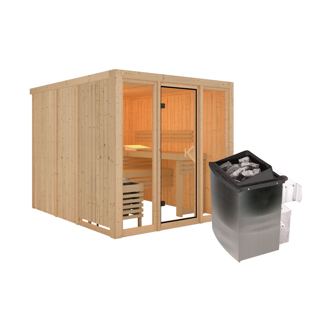 Elementsauna 'Arabella' naturbelassen mit bronzierter Tür und Glasfront 9 kW Ofen integrierte Steuerung 216 x 234 x 198 cm