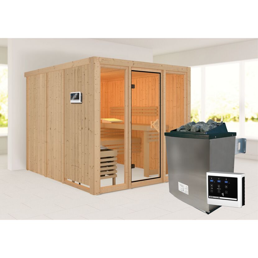 Sauna aus hellem Holz mit Saunaofen und Steuerung