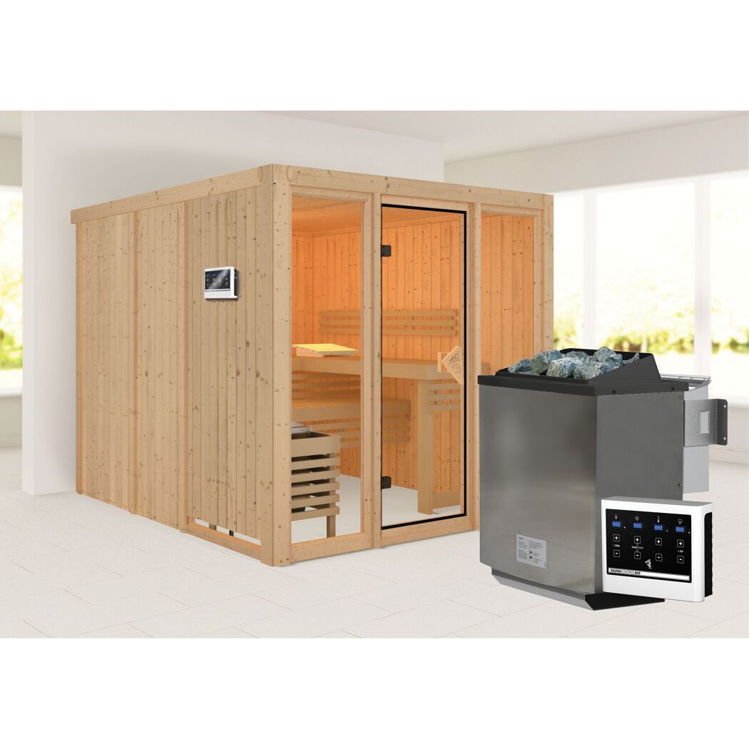 Elementsauna 'Arabella' naturbelassen mit bronzierter Tür und Glasfront 9 kW Bio-Ofen externe Steuerung 216 x 234 x 198 cm