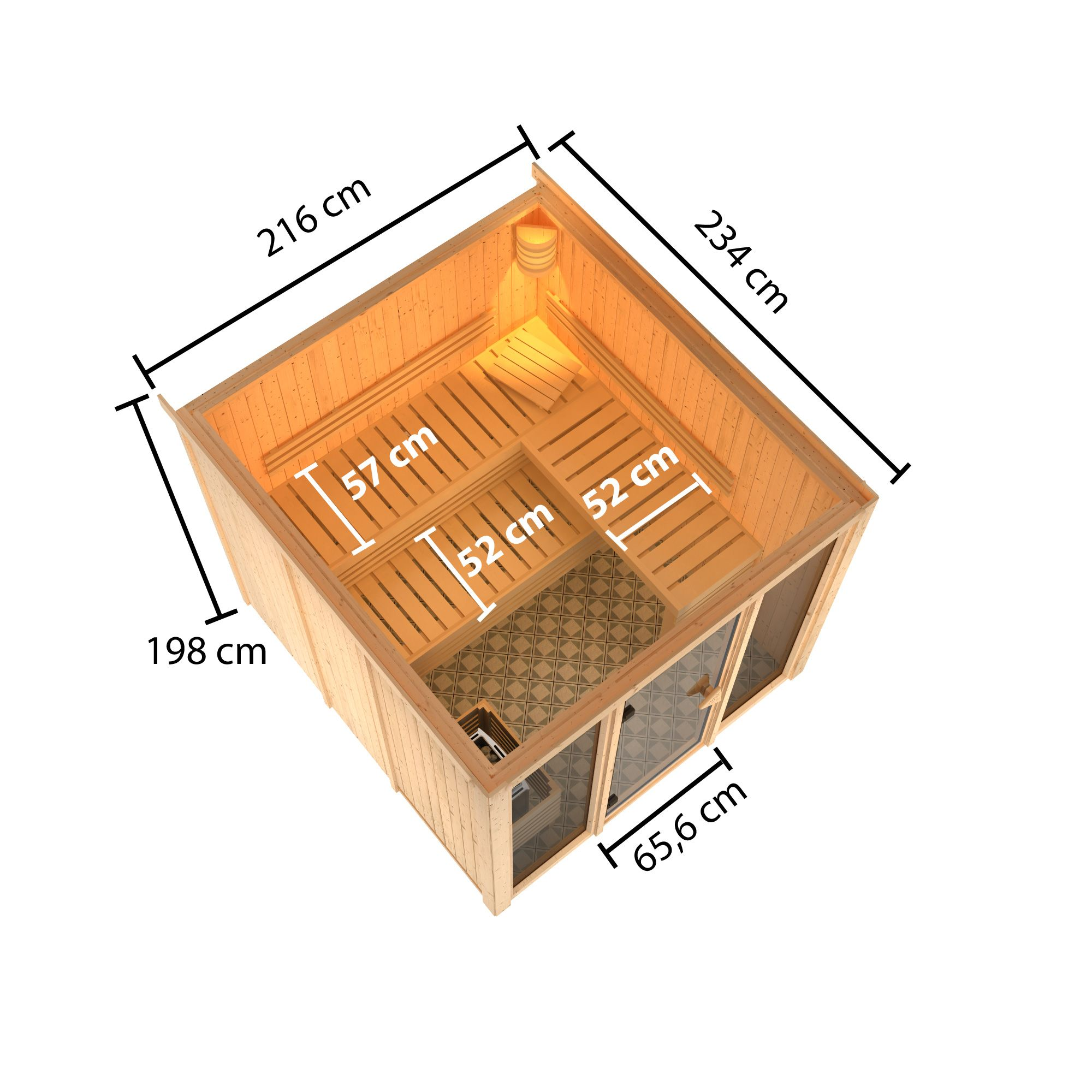 Elementsauna 'Arabella' naturbelassen mit bronzierter Tür und Glasfront 9 kW Bio-Ofen externe Steuerung 216 x 234 x 198 cm