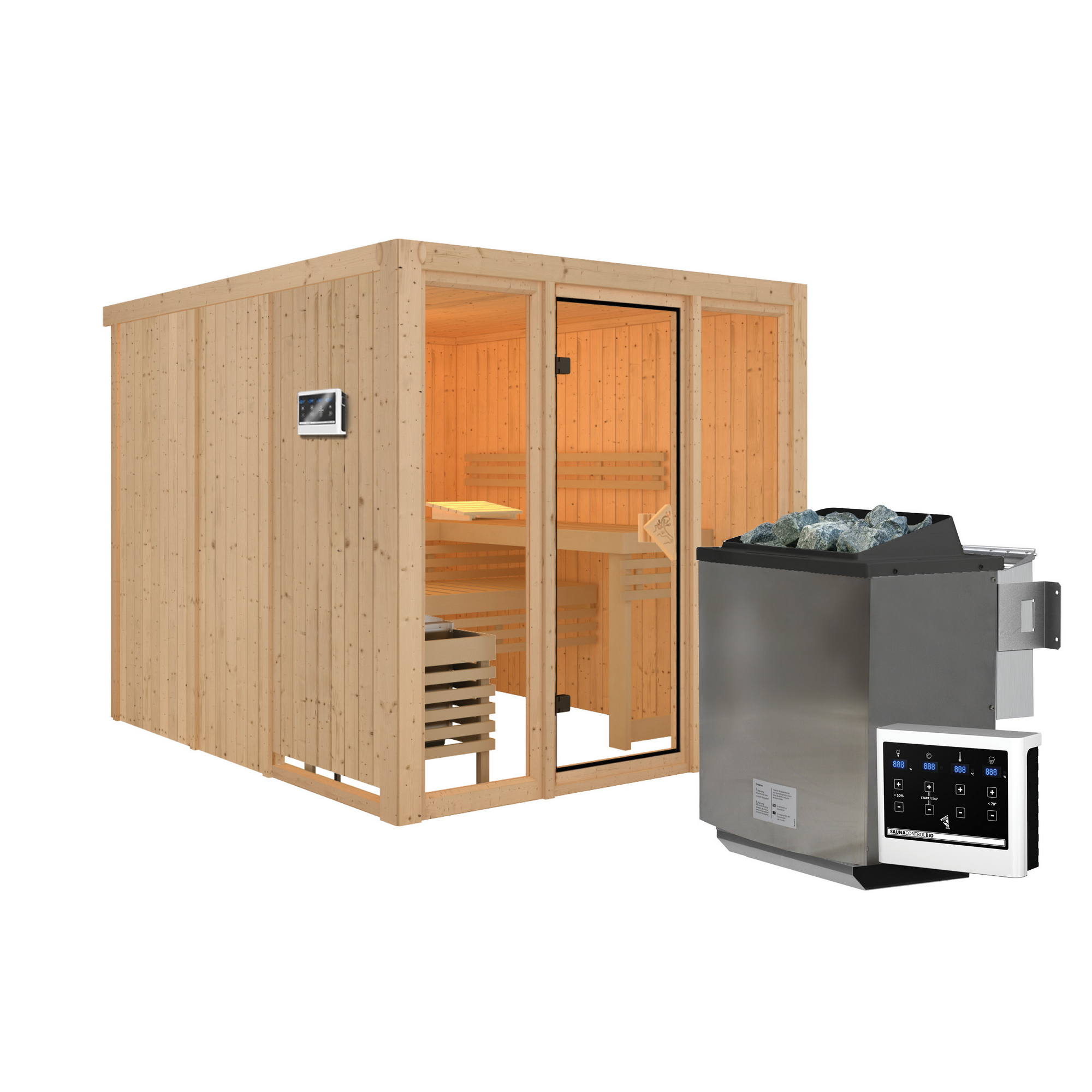 Elementsauna 'Arabella' naturbelassen mit bronzierter Tür und Glasfront 9 kW Bio-Ofen externe Steuerung 216 x 234 x 198 cm
