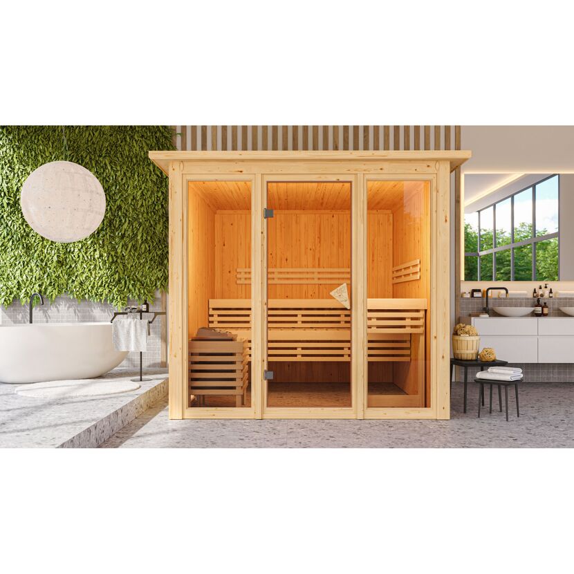 Elementsauna 'Arabella' naturbelassen mit Kranz bronzierter Tür und Glasfront 240,5 x 248 x 202 cm