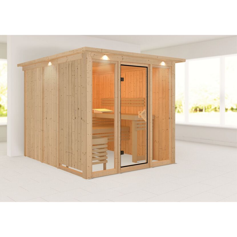 Elementsauna 'Arabella' naturbelassen mit Kranz bronzierter Tür und Glasfront 240,5 x 248 x 202 cm