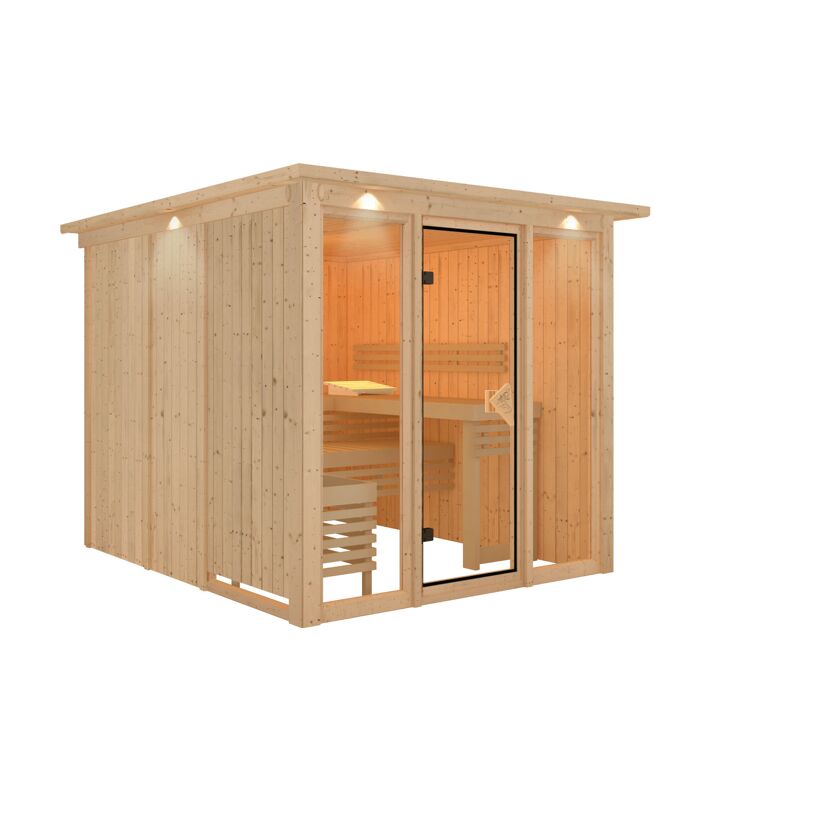 Elementsauna 'Arabella' naturbelassen mit Kranz bronzierter Tür und Glasfront 240,5 x 248 x 202 cm