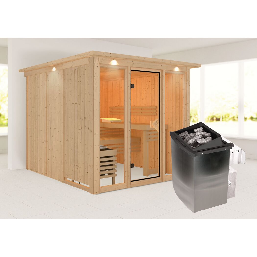 Elementsauna 'Arabella' naturbelassen mit Kranz bronzierter Tür und Glasfront 9 kW Ofen integrierte Steuerung 240,5 x 248 x 202 cm