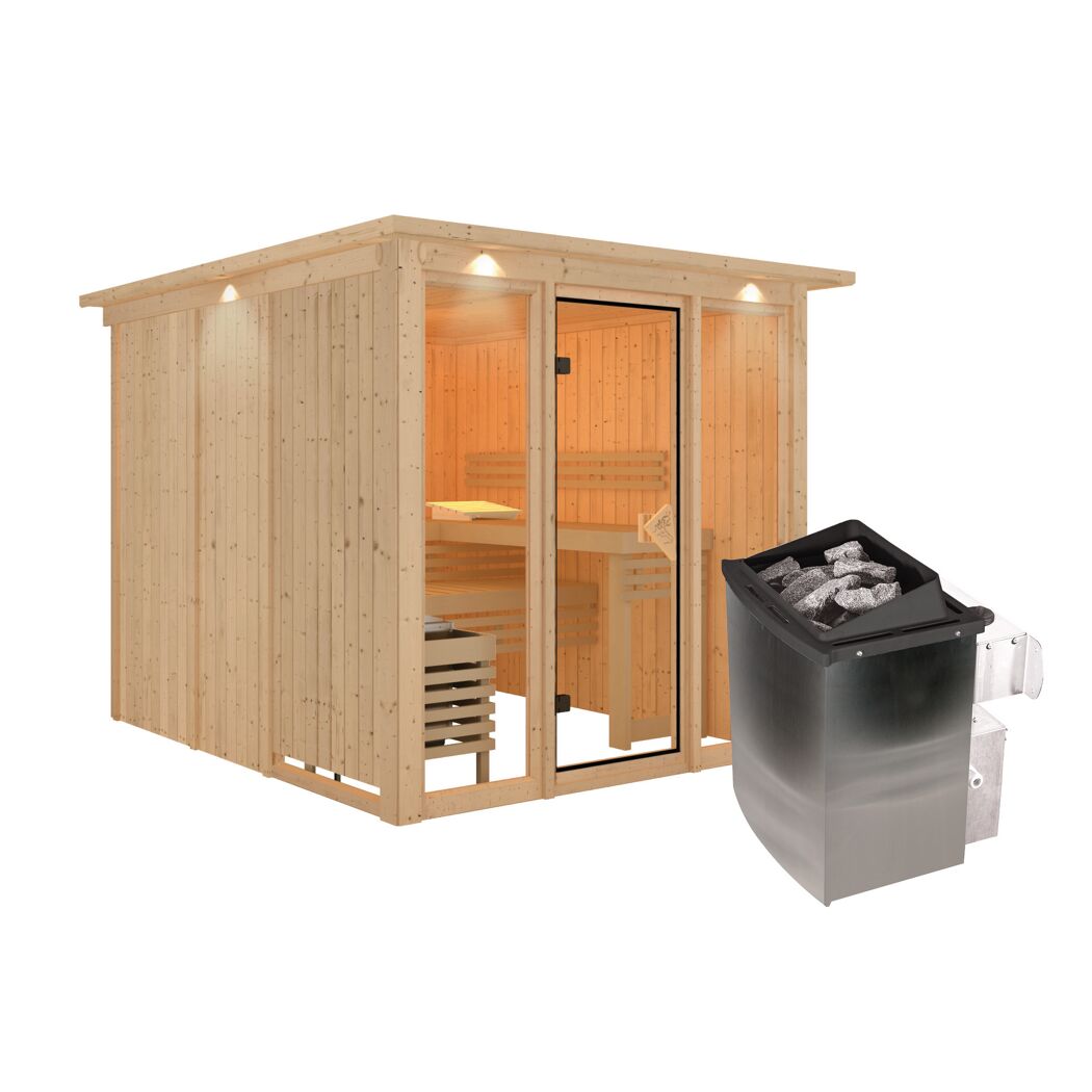 Elementsauna 'Arabella' naturbelassen mit Kranz bronzierter Tür und Glasfront 9 kW Ofen integrierte Steuerung 240,5 x 248 x 202 cm