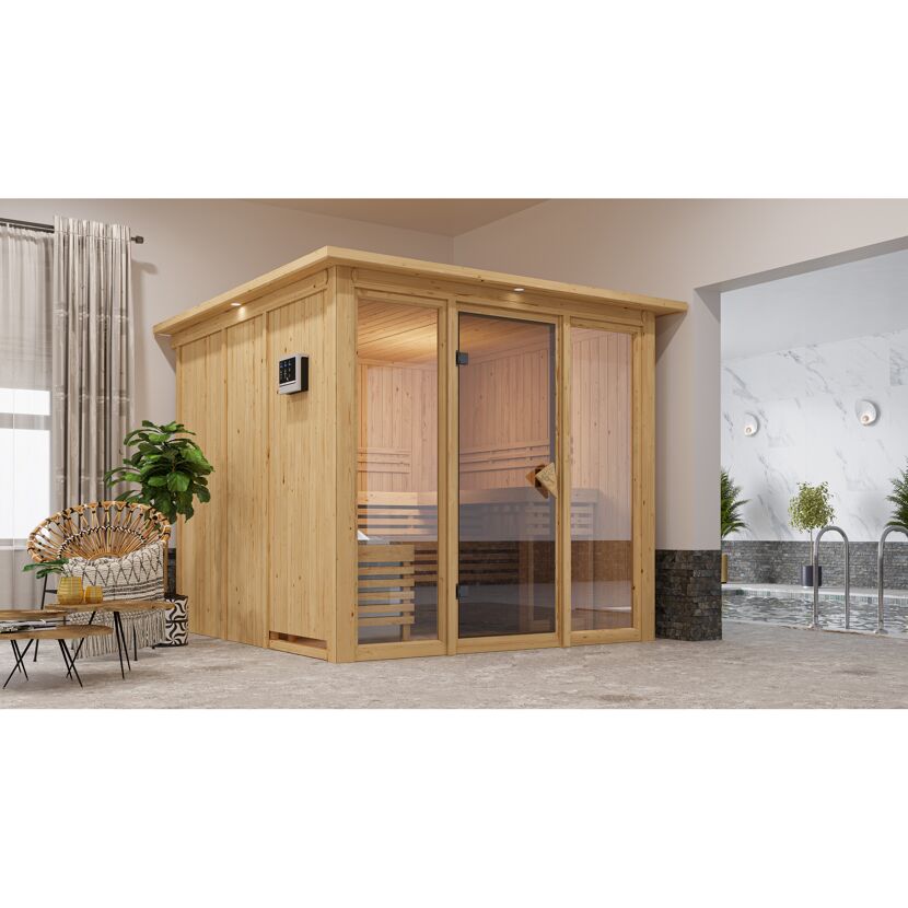 Elementsauna 'Arabella' naturbelassen mit Kranz bronzierter Tür und Glasfront 9 kW Ofen externe Steuerung 240,5 x 248 x 202 cm