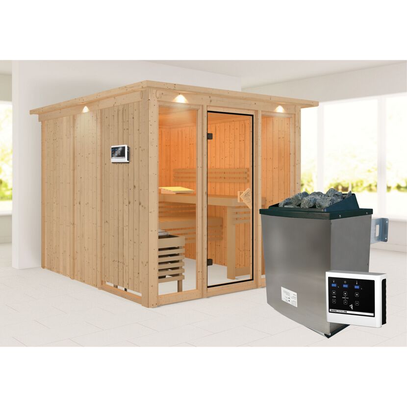 Elementsauna 'Arabella' naturbelassen mit Kranz bronzierter Tür und Glasfront 9 kW Ofen externe Steuerung 240,5 x 248 x 202 cm