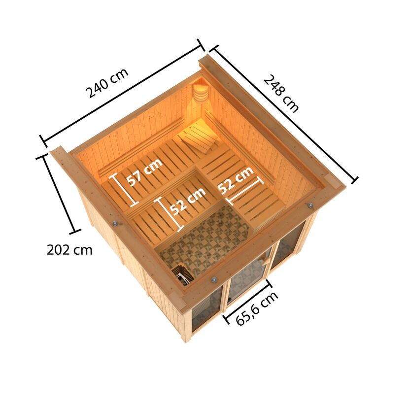 Elementsauna 'Arabella' naturbelassen mit Kranz bronzierter Tür und Glasfront 9 kW Ofen externe Steuerung 240,5 x 248 x 202 cm