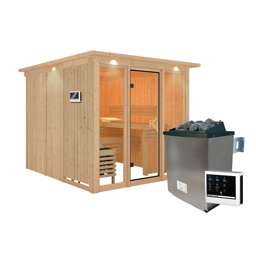 Elementsauna 'Arabella' naturbelassen mit Kranz bronzierter Tür und Glasfront 9 kW Ofen externe Steuerung 240,5 x 248 x 202 cm