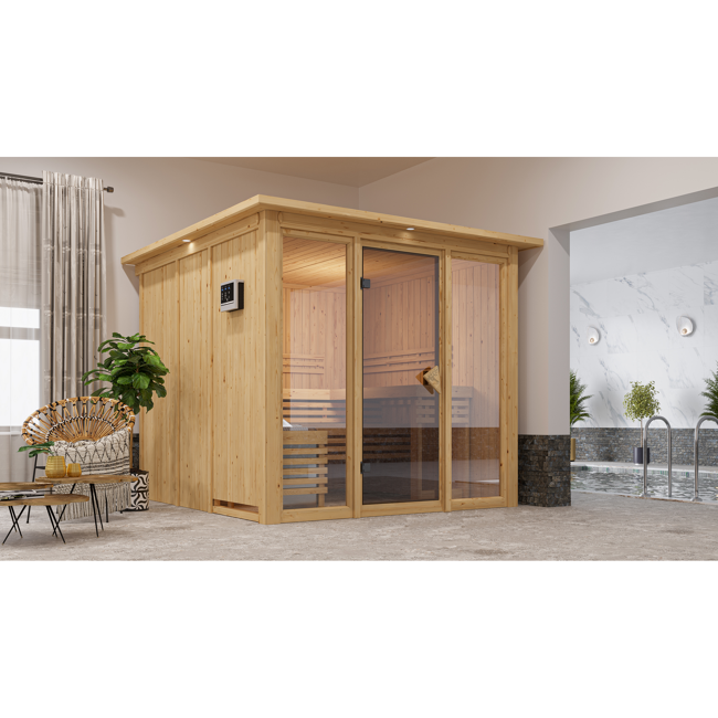 Bild von Elementsauna 'Arabella' naturbelassen mit Kranz bronzierter Tür und Glasfront 9 kW Bio-Ofen externe Steuerung 240,5 x 248 x 202 cm