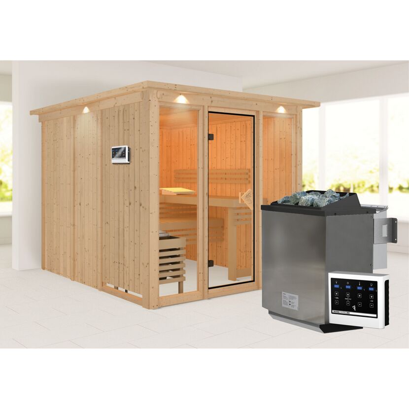 Elementsauna 'Arabella' naturbelassen mit Kranz bronzierter Tür und Glasfront 9 kW Bio-Ofen externe Steuerung 240,5 x 248 x 202 cm