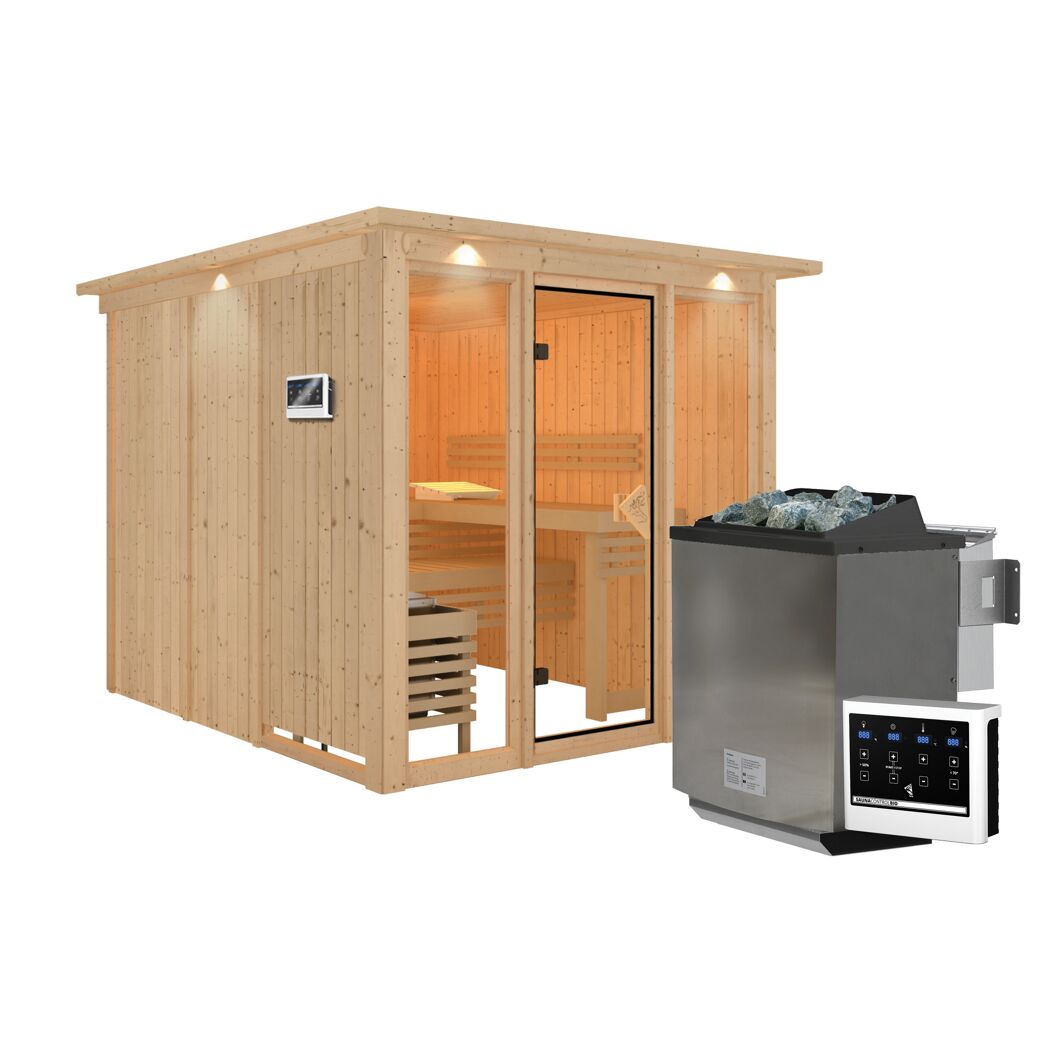 Elementsauna 'Arabella' naturbelassen mit Kranz bronzierter Tür und Glasfront 9 kW Bio-Ofen externe Steuerung 240,5 x 248 x 202 cm