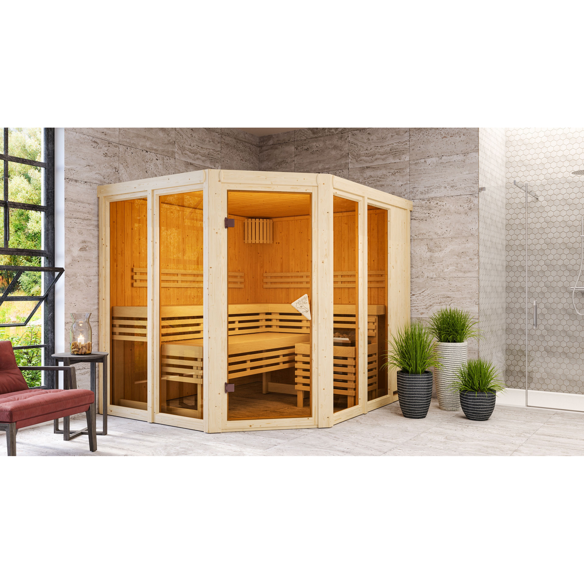 Sauna 'Ariadna 3' naturbelassen mit bronzierter Tür 9 kW Ofen integrierte Steuerung 231 x 196 x 198 cm + product picture