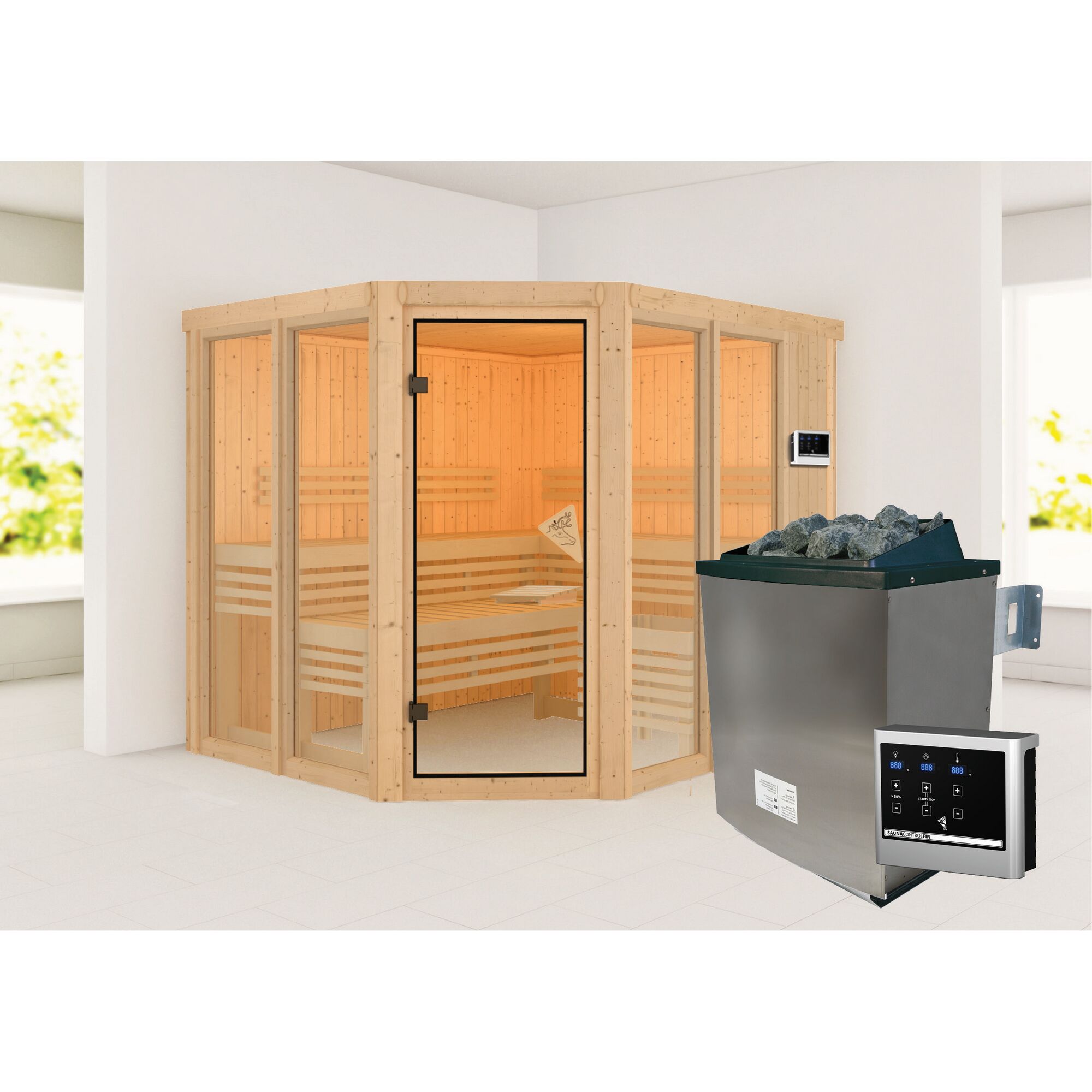 Ecksauna aus hellem Holz mit Saunaofen