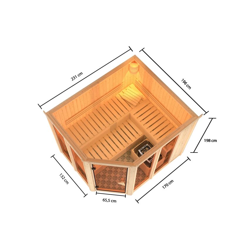 Eck-Sauna aus hellem Holz mit Maßen