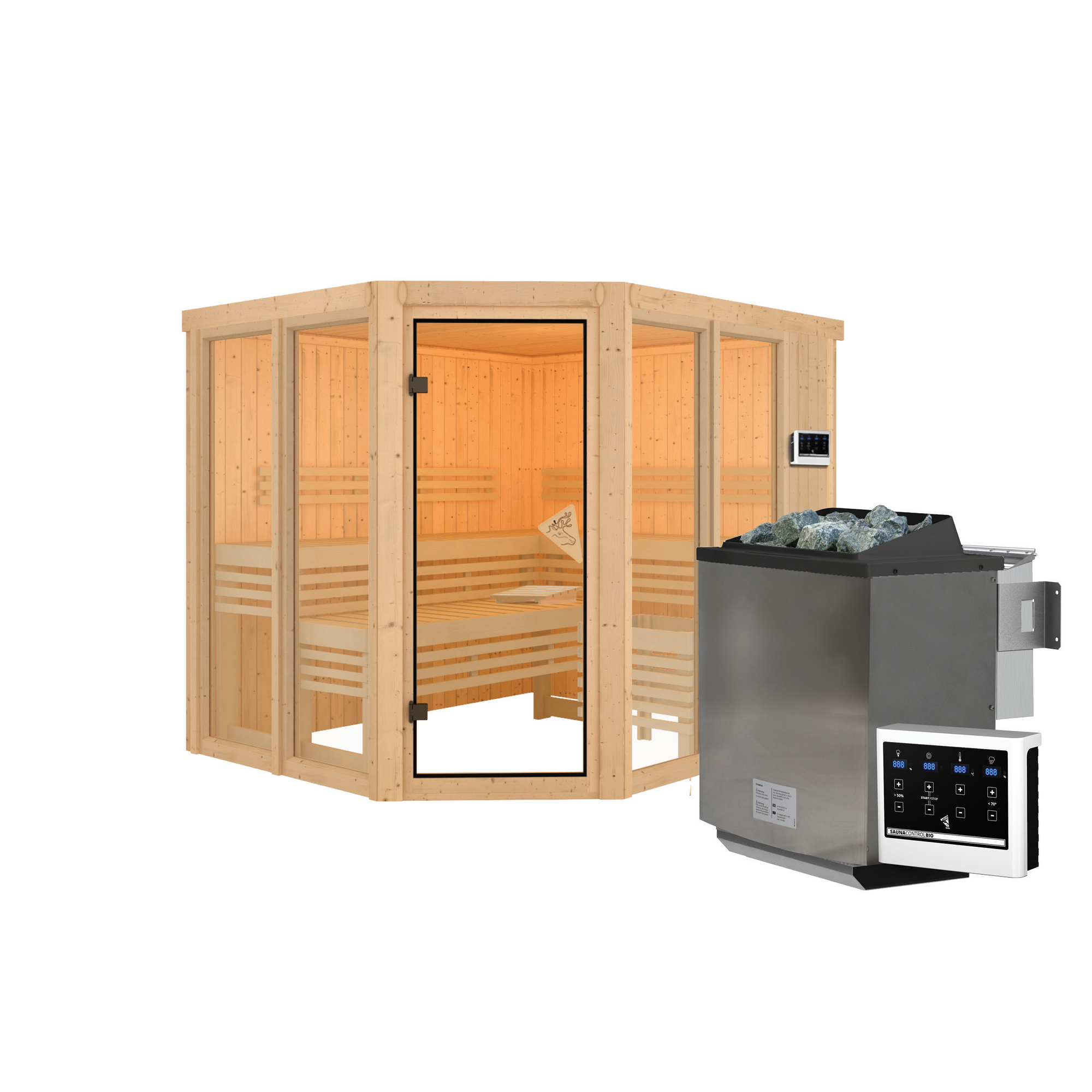 Sauna 'Ariadna 3' naturbelassen mit bronzierter Tür 9 kW Bio-Ofen mit externe Steuerung 231 x 196 x 198 cm + product picture