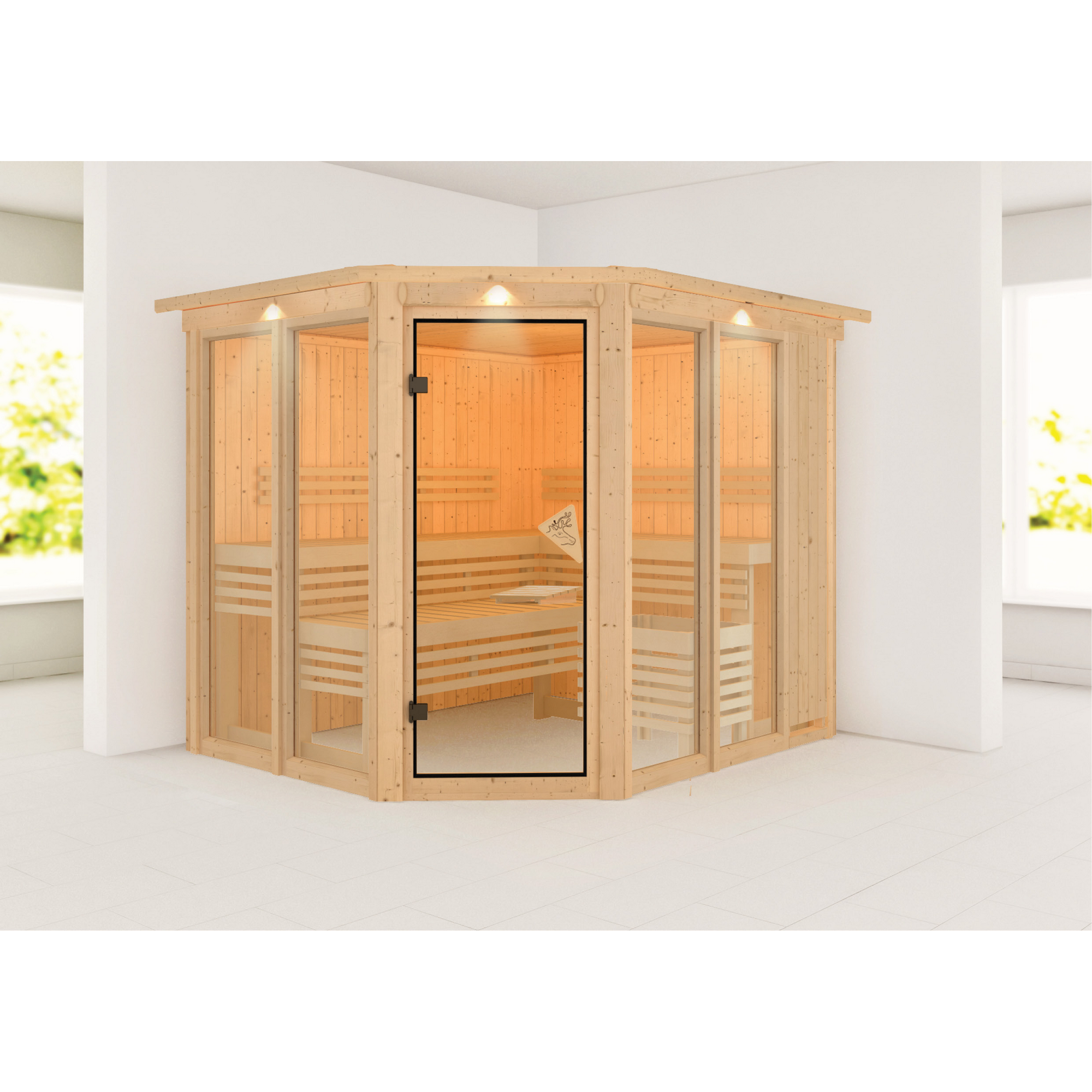 Sauna 'Ariadna 3' naturbelassen mit Kranz und bronzierter Tür 245 x 210 x 202 cm + product picture