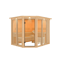 Eck-Sauna Ariadna aus hellem Holz mit Glastür.