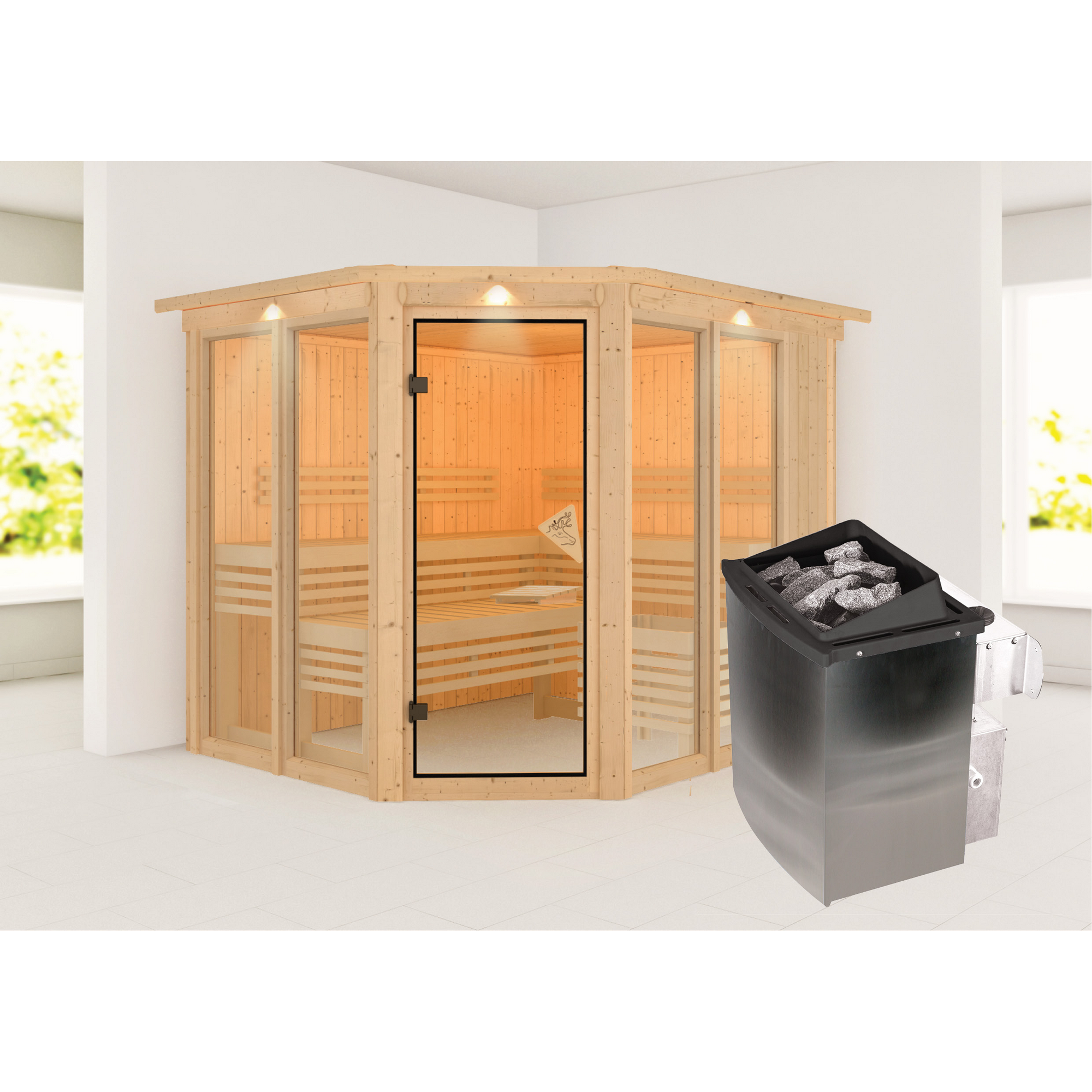 Sauna 'Ariadna 3' naturbelassen mit Kranz und bronzierter Tür 9 kW Ofen integrierte Steuerung 245 x 210 x 202 cm + product picture