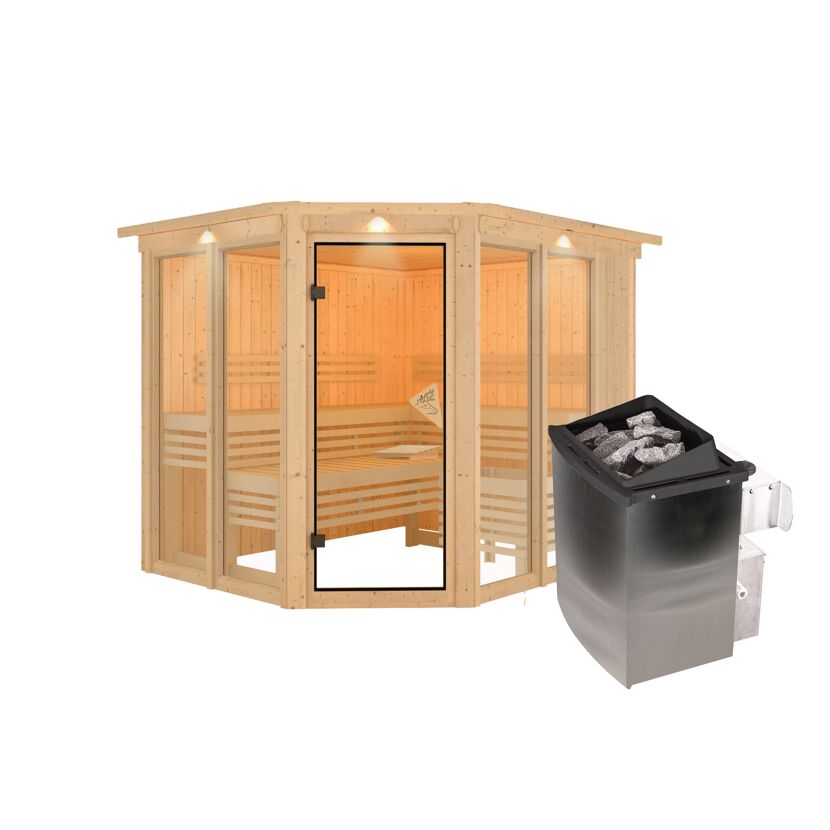 Eine fünfeckige Sauna aus hellem Holz mit einem Saunaofen.