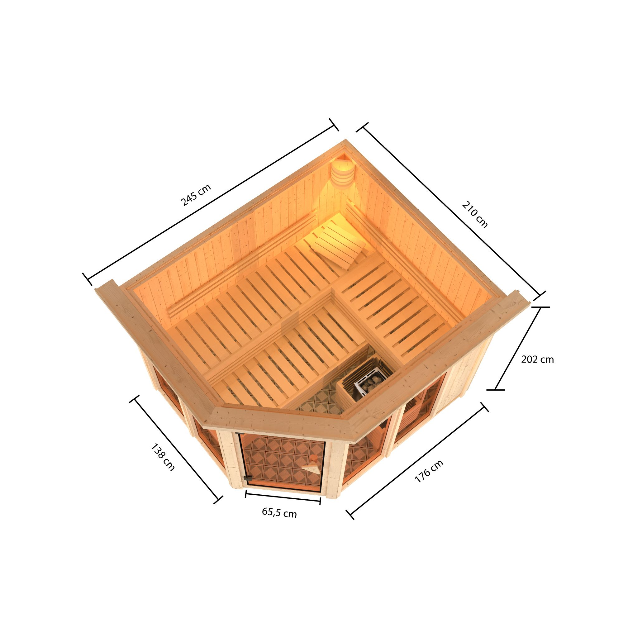 Sauna 'Ariadna 3' naturbelassen mit Kranz und bronzierter Tür 9 kW Bio-Ofen mit externe Steuerung 245 x 210 x 202 cm + product picture