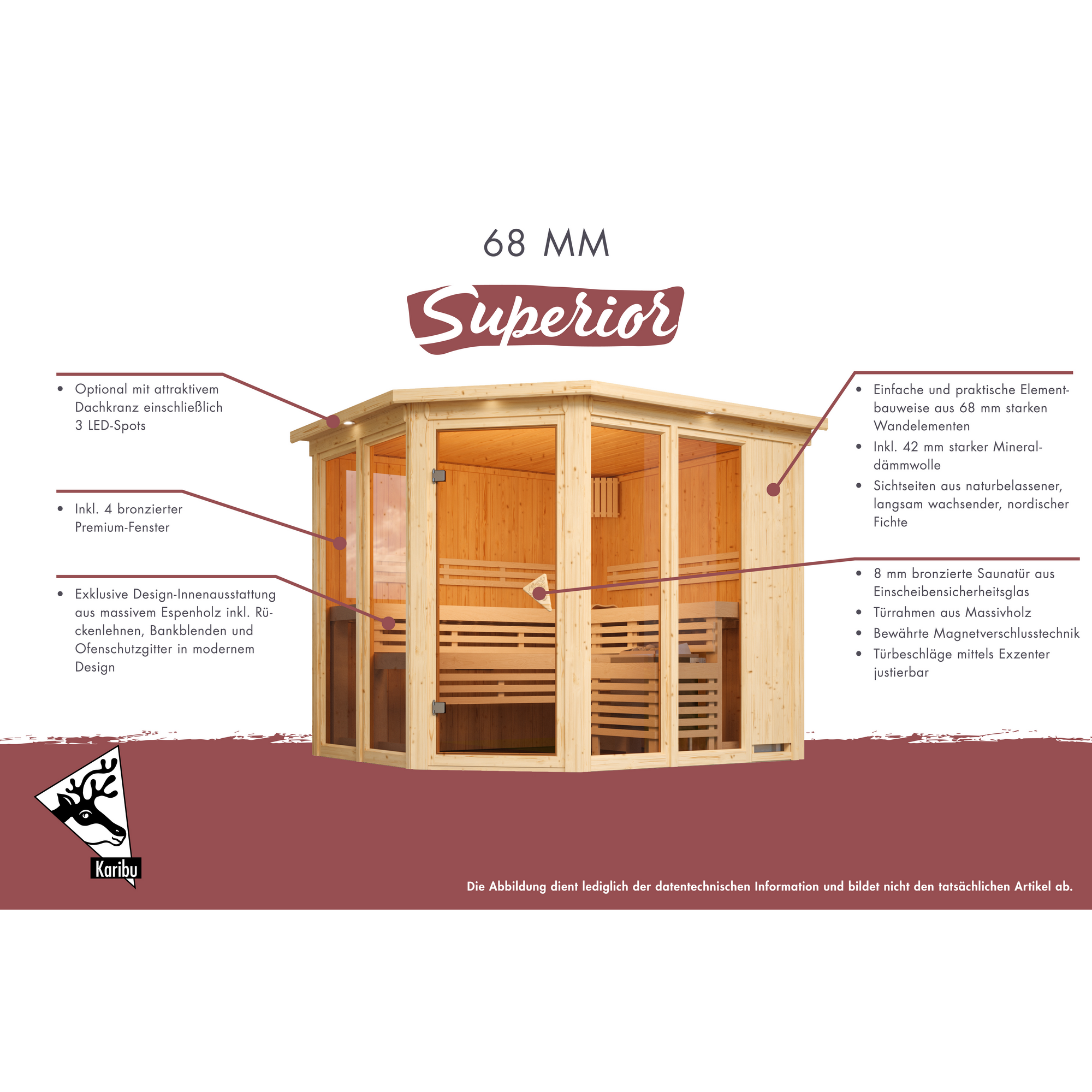 Sauna 'Ariadna 3' naturbelassen mit Kranz und bronzierter Tür 9 kW Bio-Ofen mit externe Steuerung 245 x 210 x 202 cm + product picture