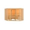 Eck-Sauna aus hellem Holz mit Glastür.