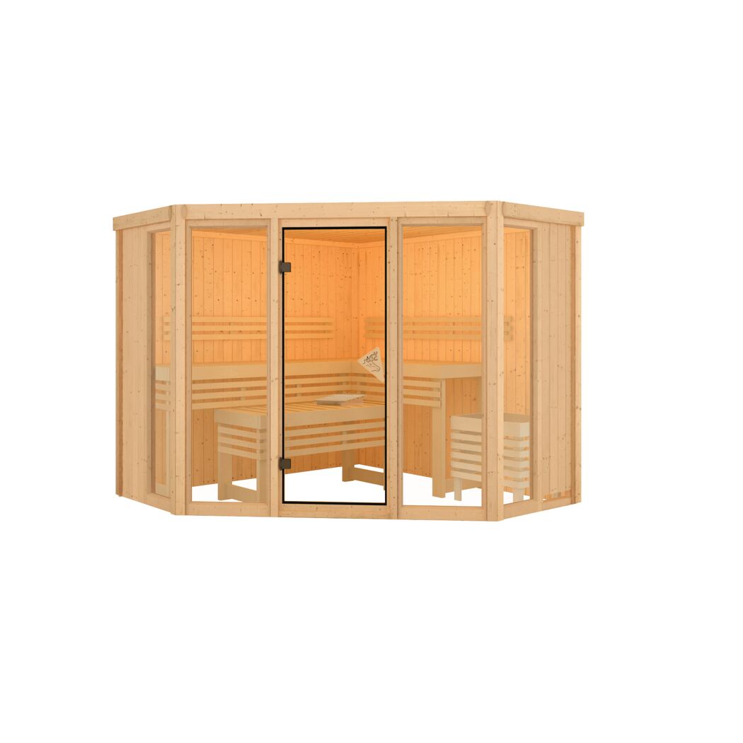Eck-Sauna aus hellem Holz mit Glastür.